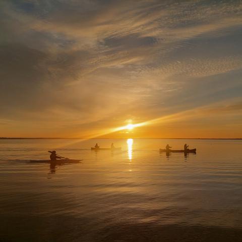 Sun setting over the Gippsland Lakes while a few canoes paddle on flat, calm waters